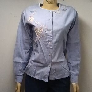 Vintage Bill Blass Denim Embroidered button down long sleeve top blouse